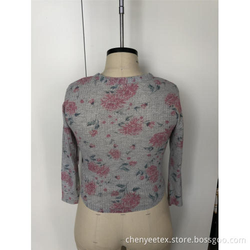 V-neck floral condole belt knit sweater